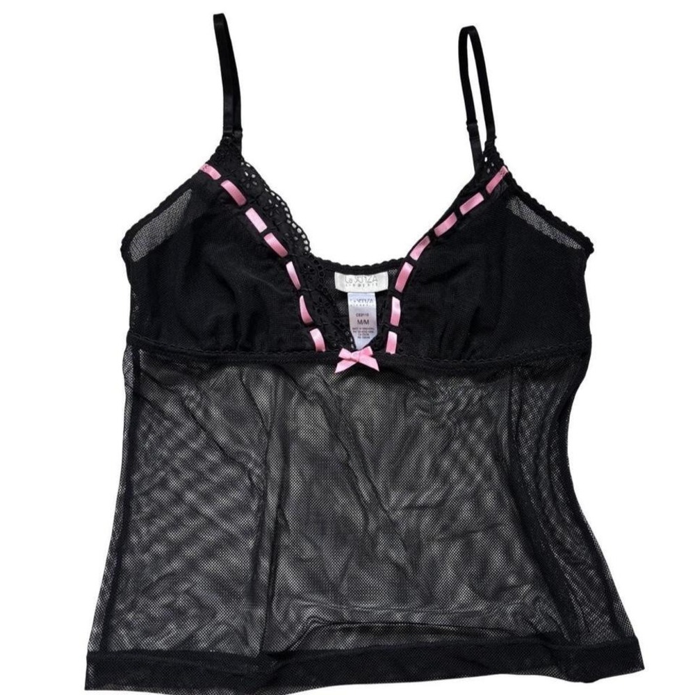 la senza black mesh babydoll cami medium pink ribbon lace y2k lingerie